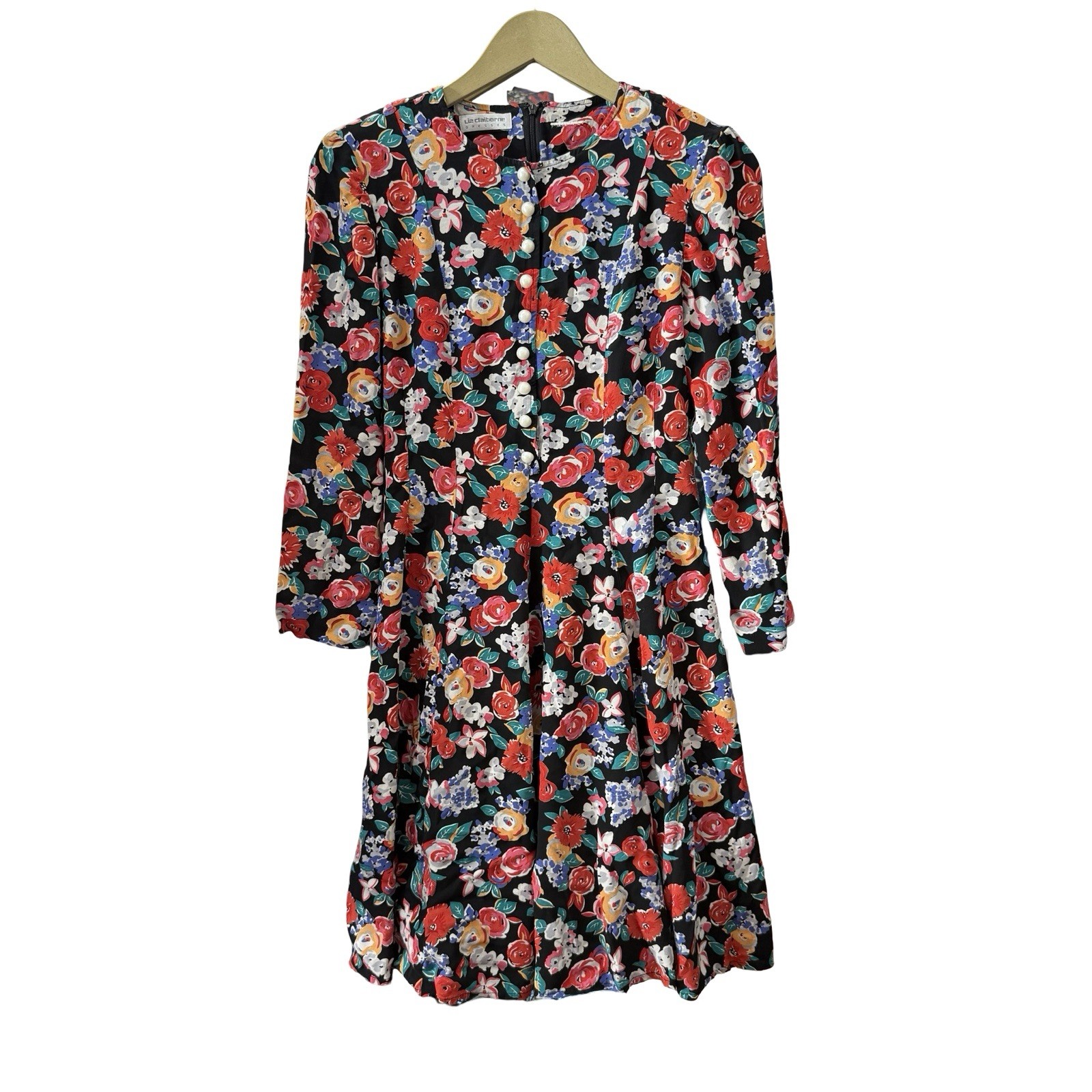 Liz Claiborne Dress Womens Small Black Floral Long Sleeve Fit Flare Pearl Trim