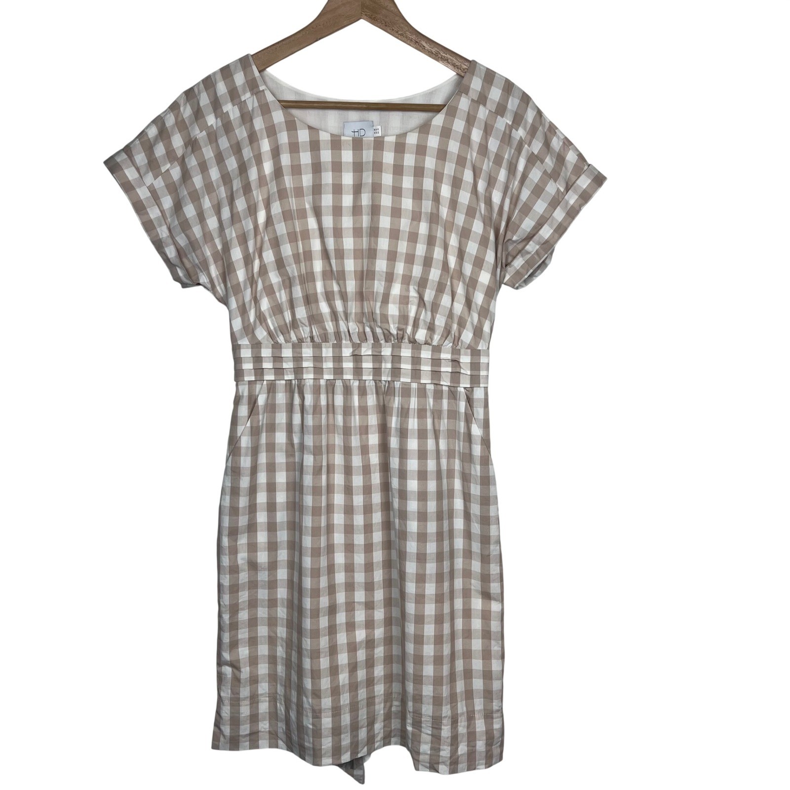 Anthropologie HD in Paris Gingham Cotton Mini Dress Tan White Pockets Size 4