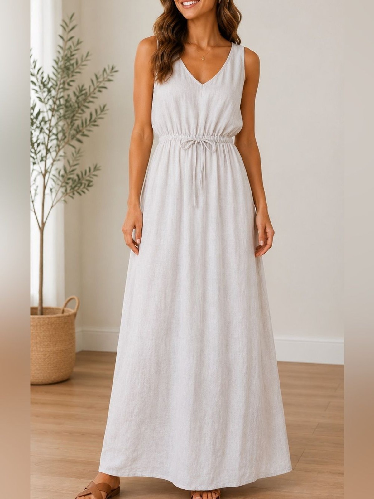 Terzo Millennio Italy Women’s Size L 100% Linen Khaki Maxi Dress Oatmeal V-Neck