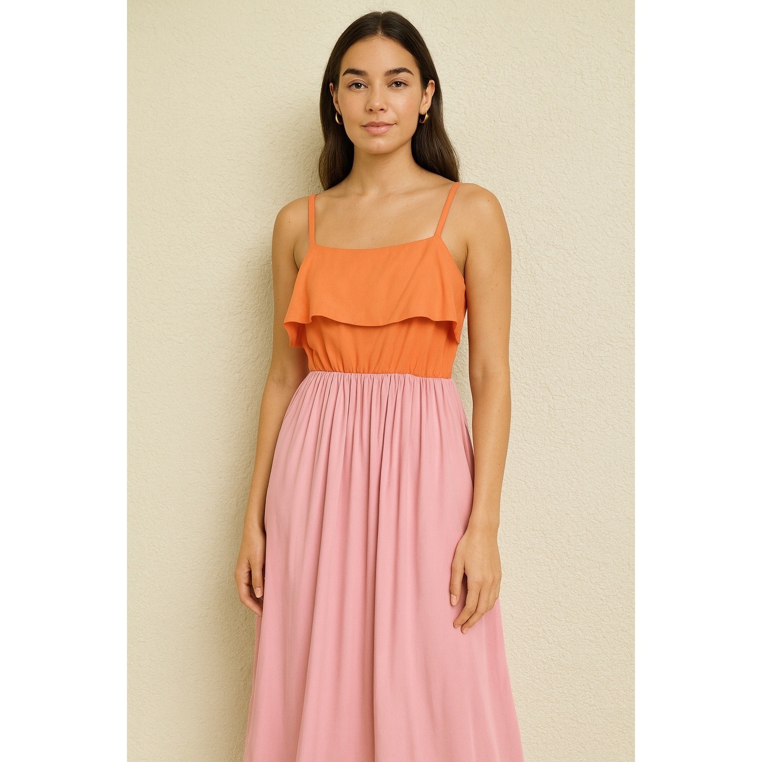 Koko + Mason Orange Pink Colorblock Maxi Dress Sleeveless Casual Summer Sundress