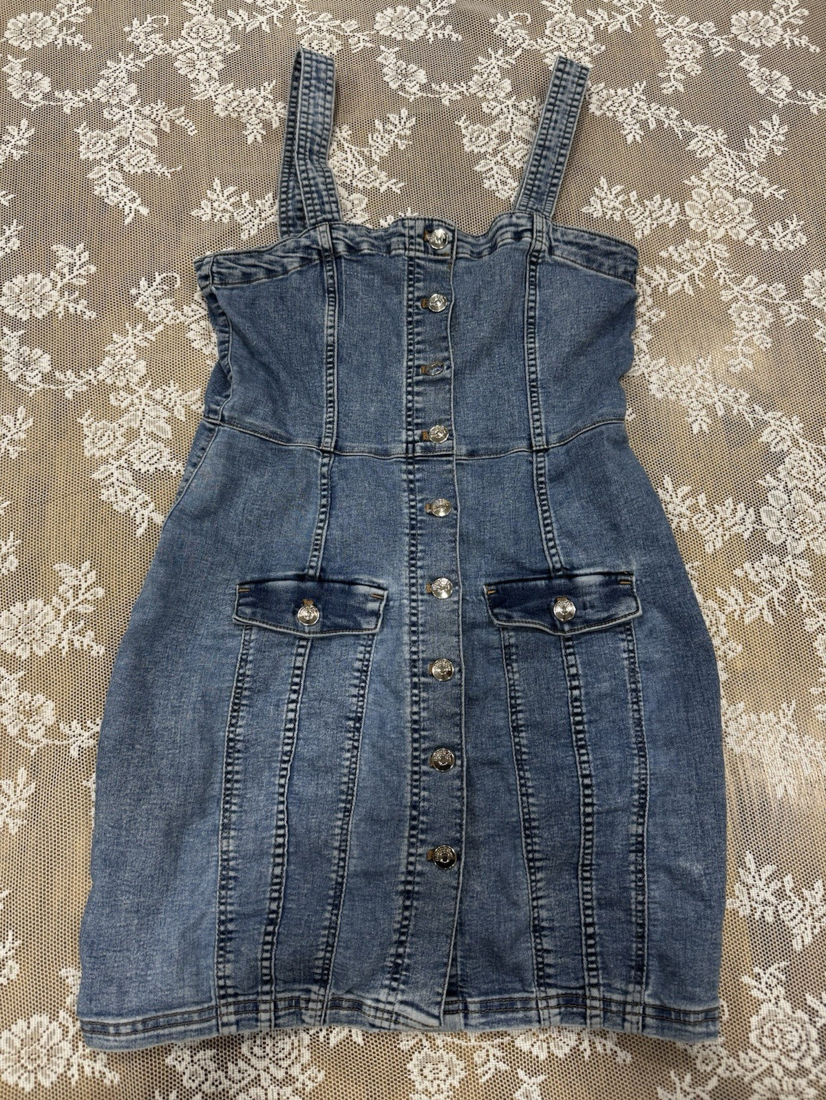 Divided Women’s S Blue Solid Denim Square Neck Button Front Pocket Mini Dress