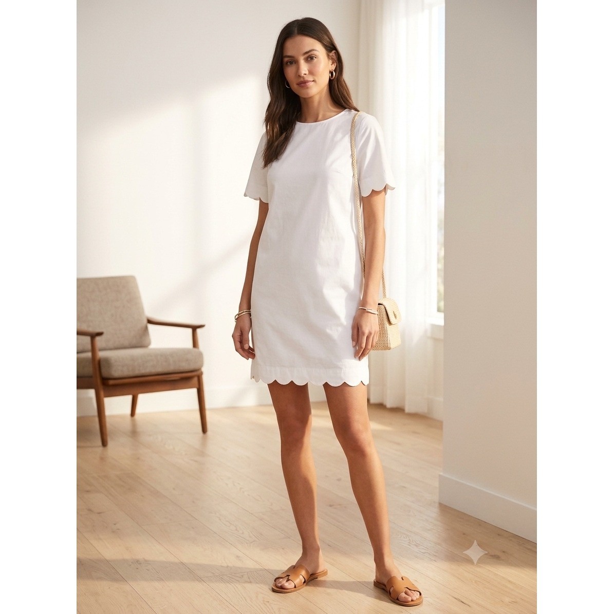 COS White Scalloped Edge Cotton Shift Mini Dress Womens 4 New With Tags