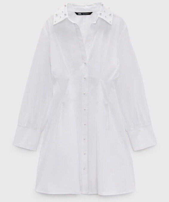 ZARA PEARL APPLIQUÉ POPLIN DRESS WHITE 2816/262 XS