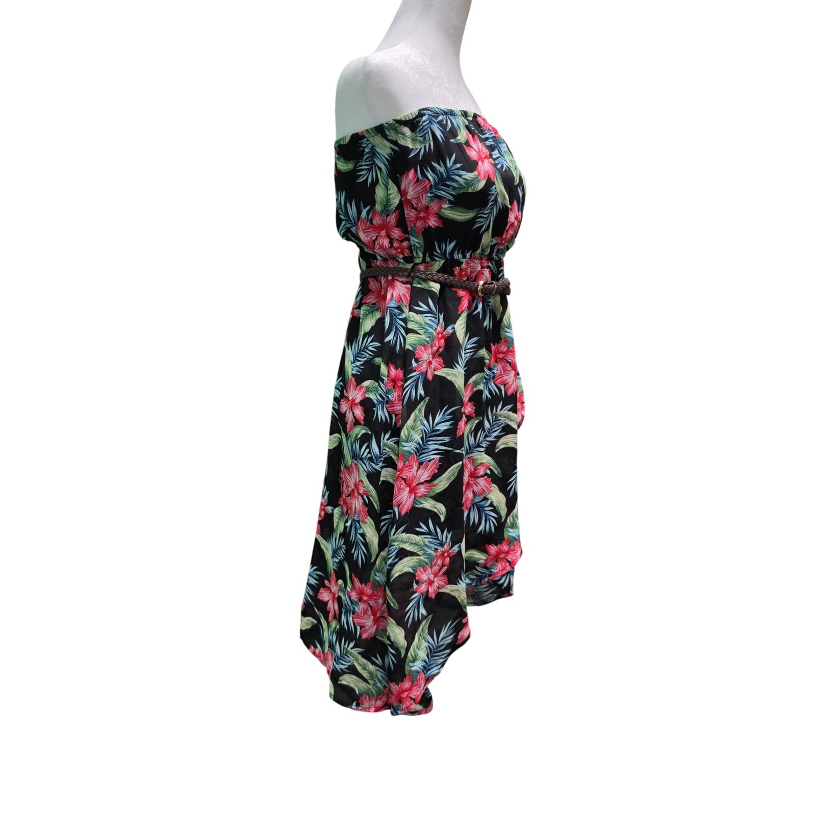 Tube Dress Isis Small Women Black Good Tropical Floral High-Low Belted