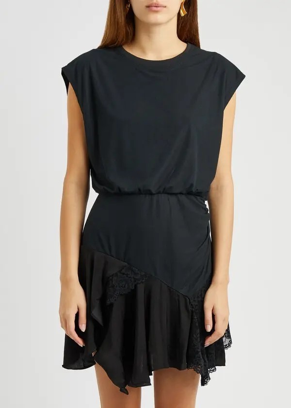 NEW Free People Jazzy Women’s Black Sleeveless Lace Ruched Mini T-shirt Dress S