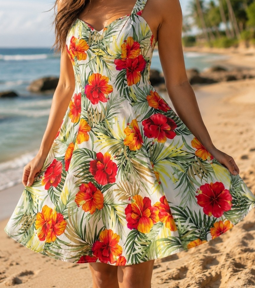 Two Palms Women’s XL Hibiscus Empire Princess Flare Dress HAWAIIAN LUAU SUMMER