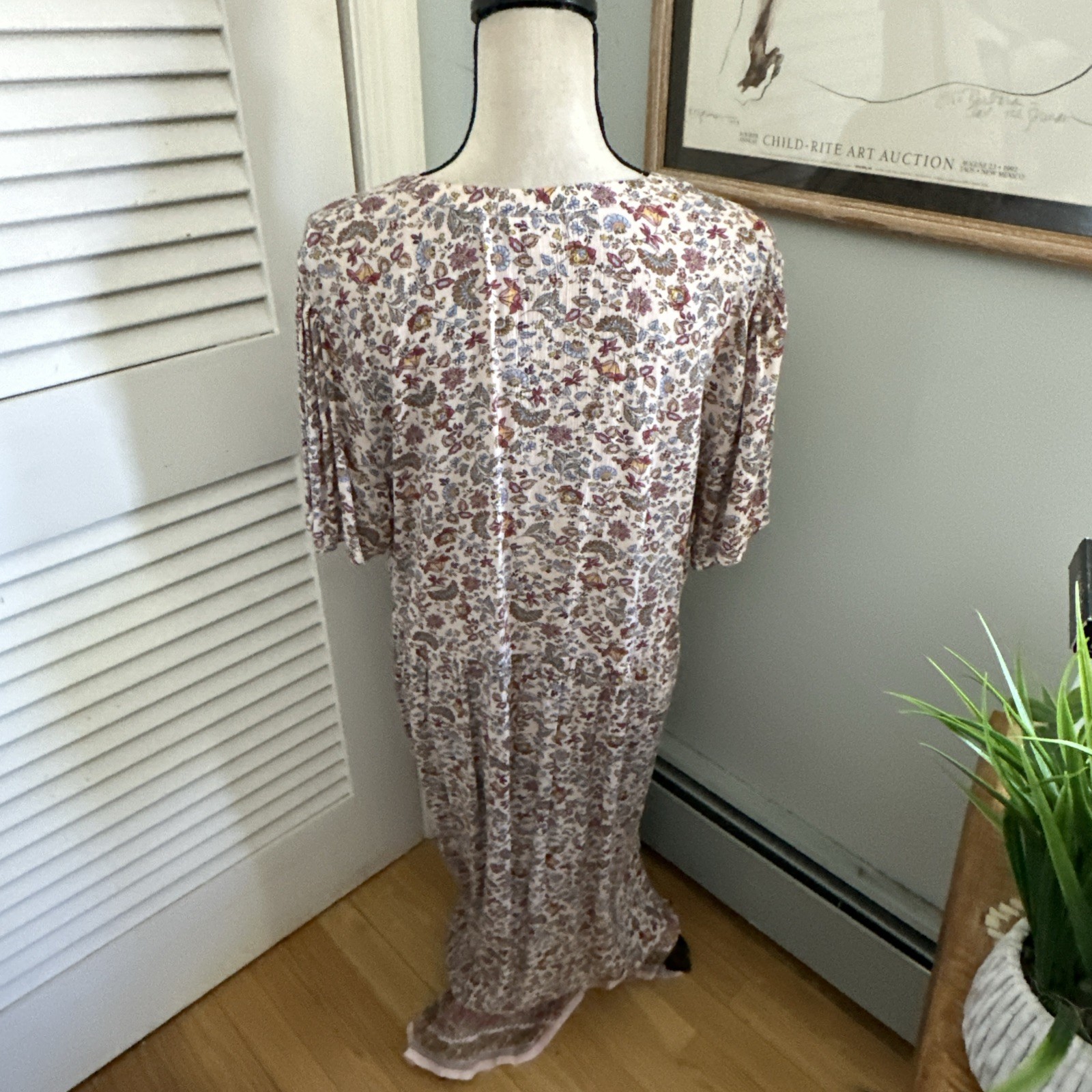 J Jill Maxi Dress Womens Large Beige Micro Floral Shift Earthy Prairie Boho Chic