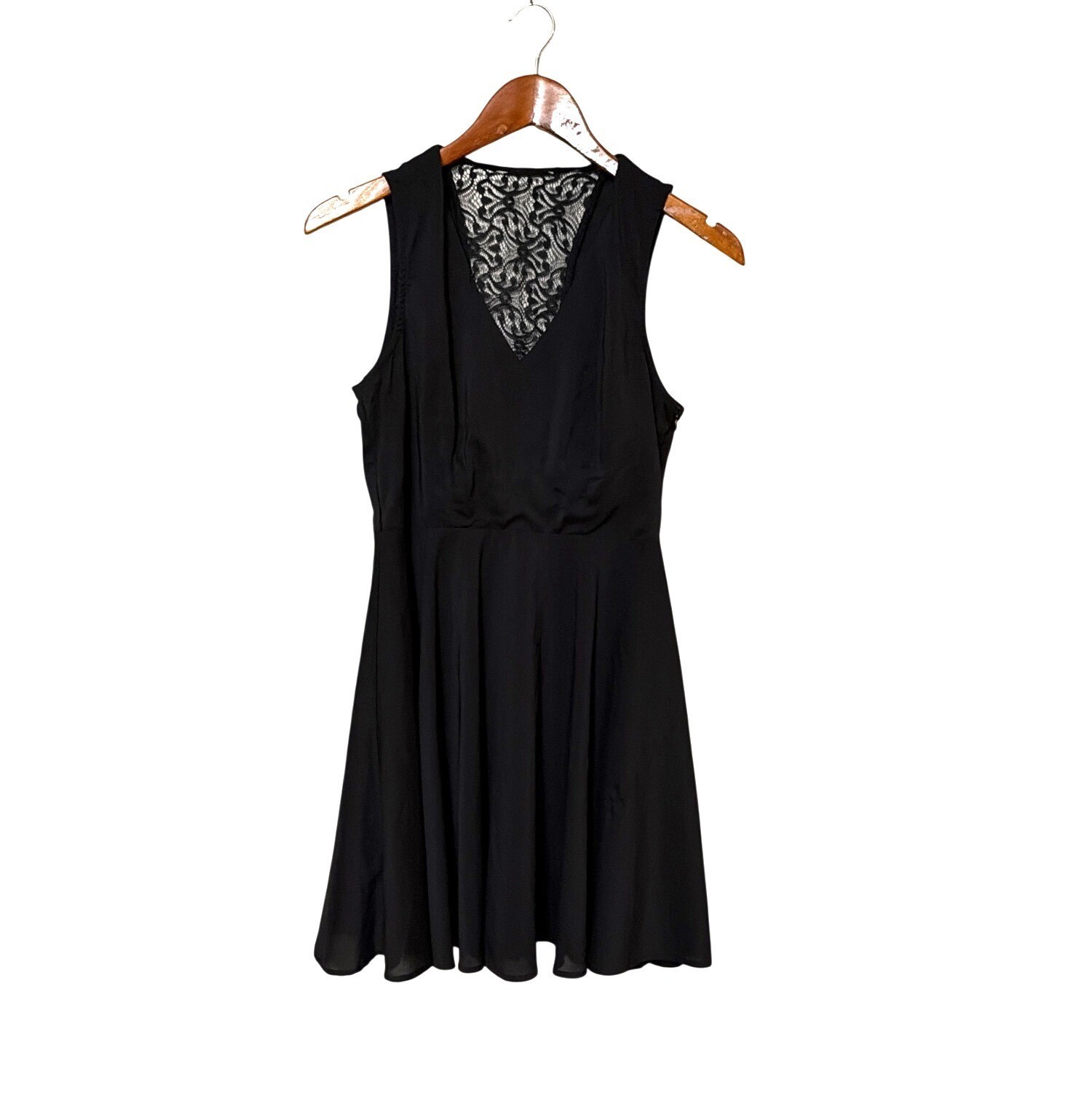 Black Sleeveless Dress Lace V-Neck Detail Flared Skirt And Side Zipper Closure