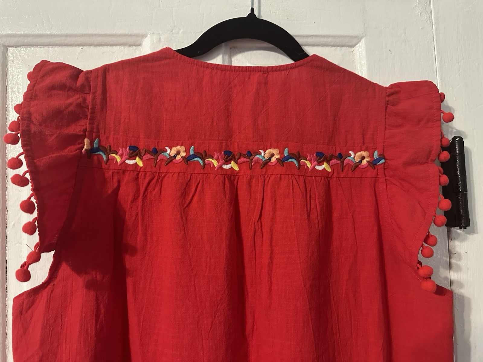 Kirundo Embroidered Boho Mini Dress Red Pom Pom Flutter Sleeve Ruffle Hem Size L