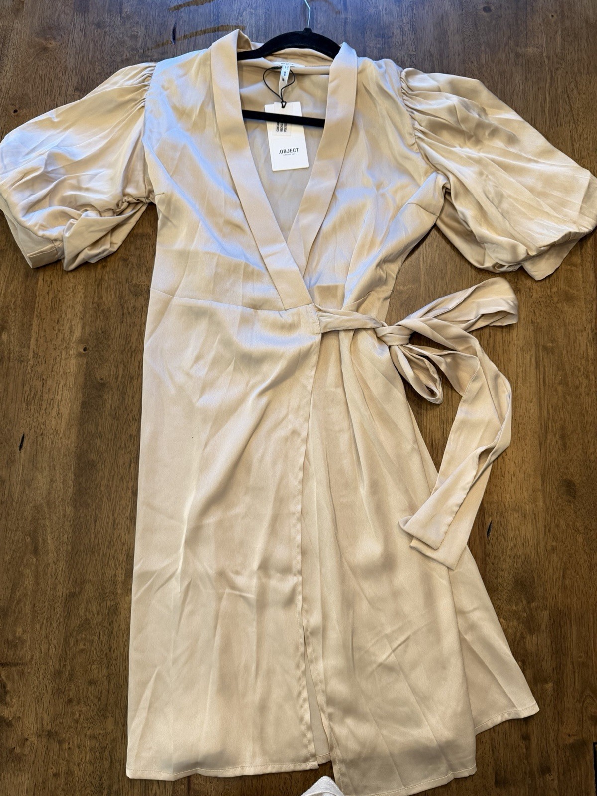 .OBJECT Beige Satin Polyester Wrap Dress V-Neck Balloon Sleeves