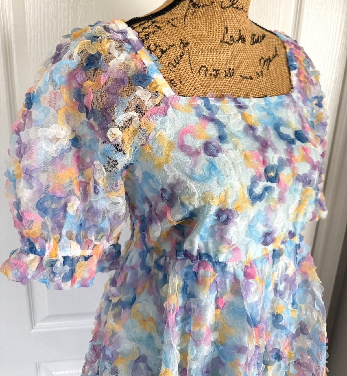 Jodifl Dress Rainbow Floral Babydoll Confetti Tulle Lined Smocked Puff Sleeve S