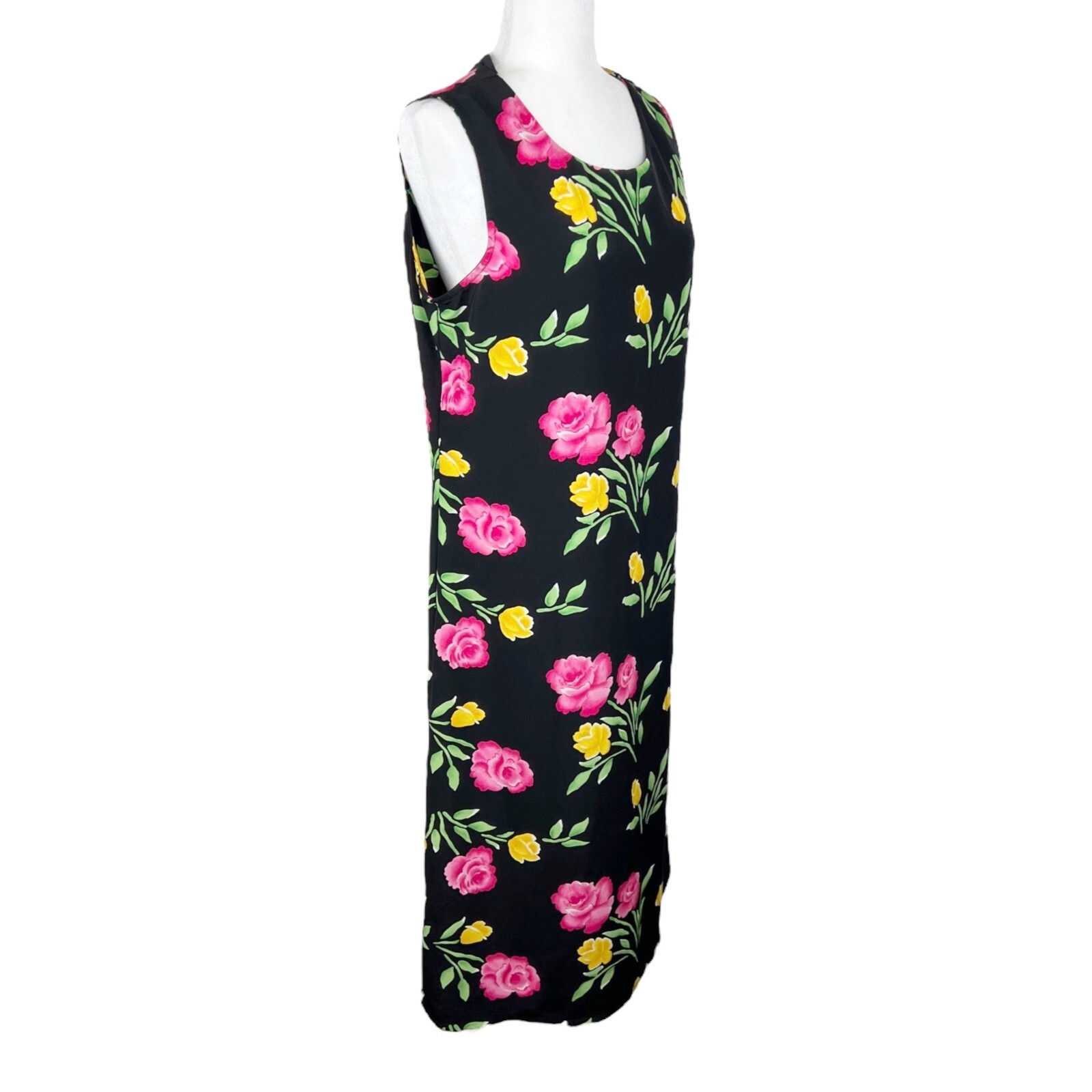 Vintage Kathie Lee Collection Dress Women 12 Black Pink Flora Sheath A-Line Maxi