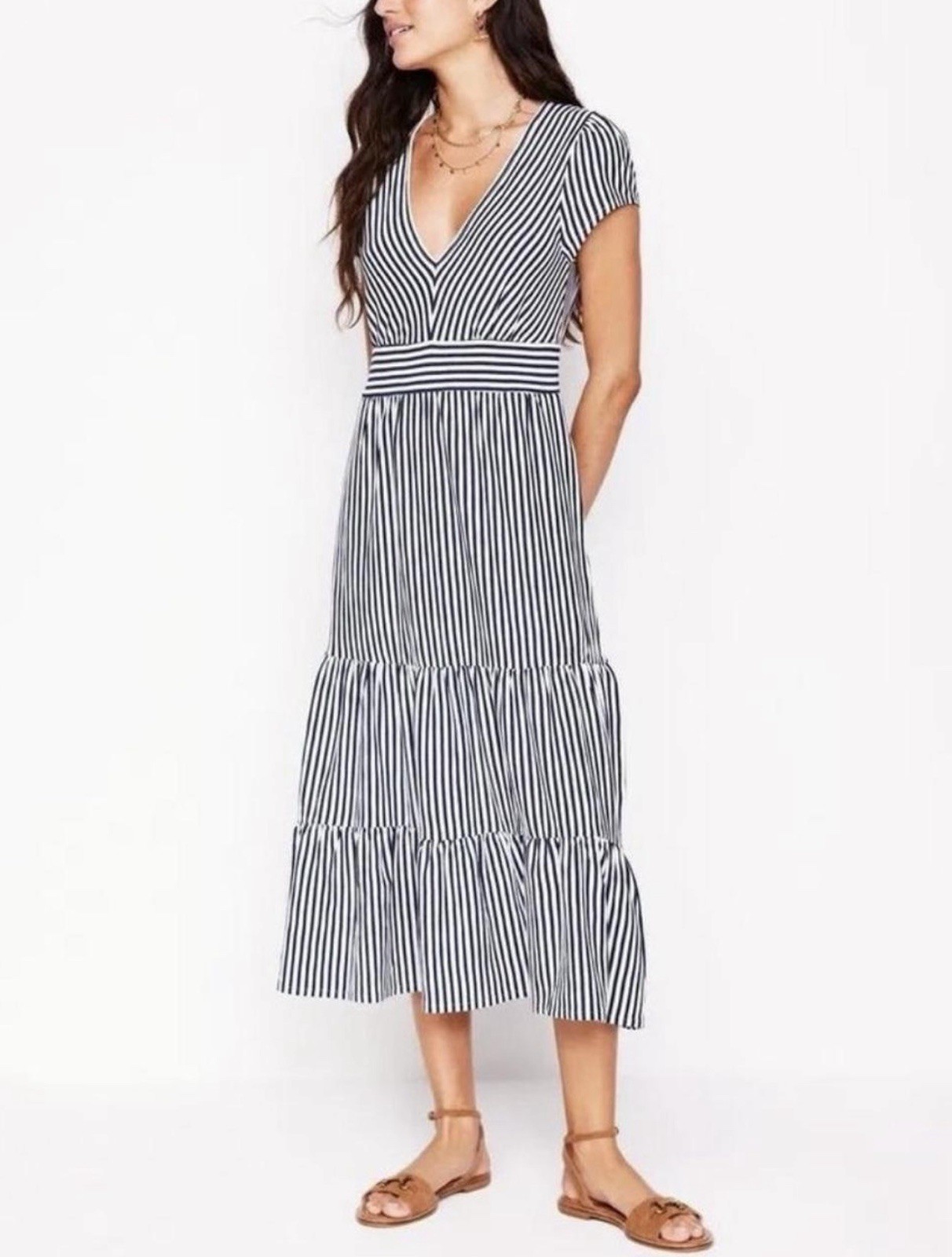 Boden Elara tiered navy and ivory striped Jersey midi dress. Size 10