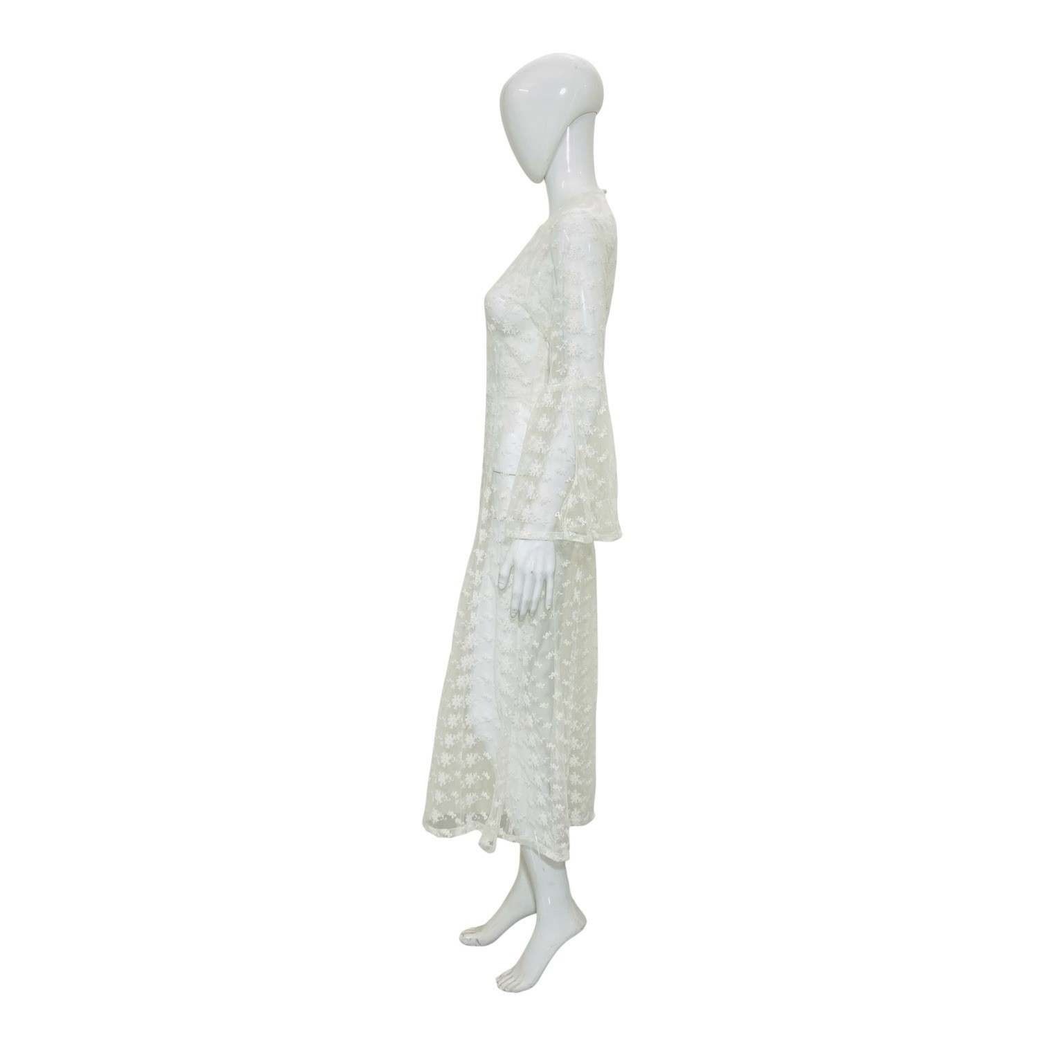 Doen Sea Salt White Embroidered Lace Sheer Women Midi Maxi Sheer Gown Dress XS