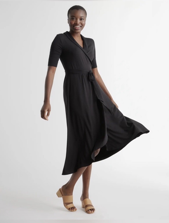 NWT Quince Black Tencel Jersey Midi Wrap Dress Rounded Collar 1X Feminine