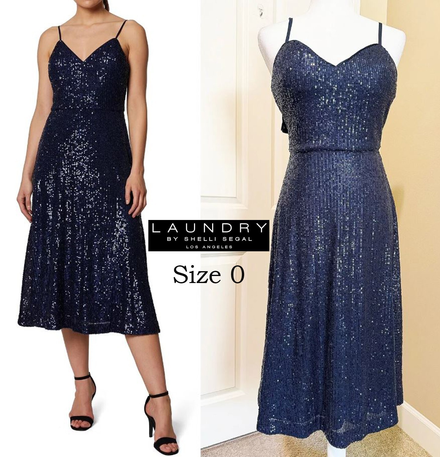 NWT Laundry by Shelli Segal Women’s Sequin Strap Navy Cocktail Dress Size 0