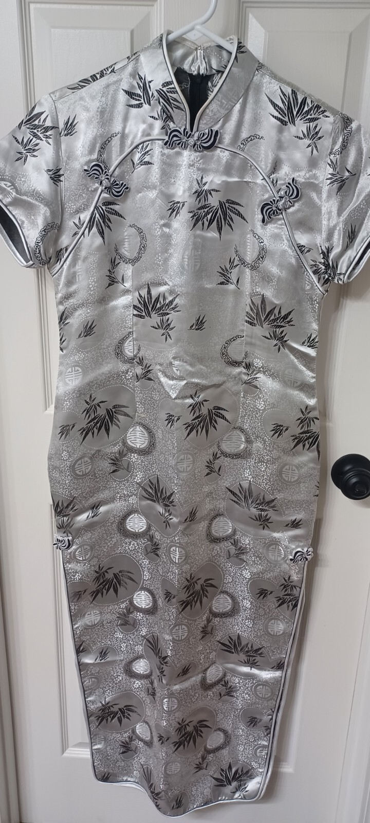 Long Asian Floral Dress Silver Made in Vietnam Split Sides See Measurement Pics