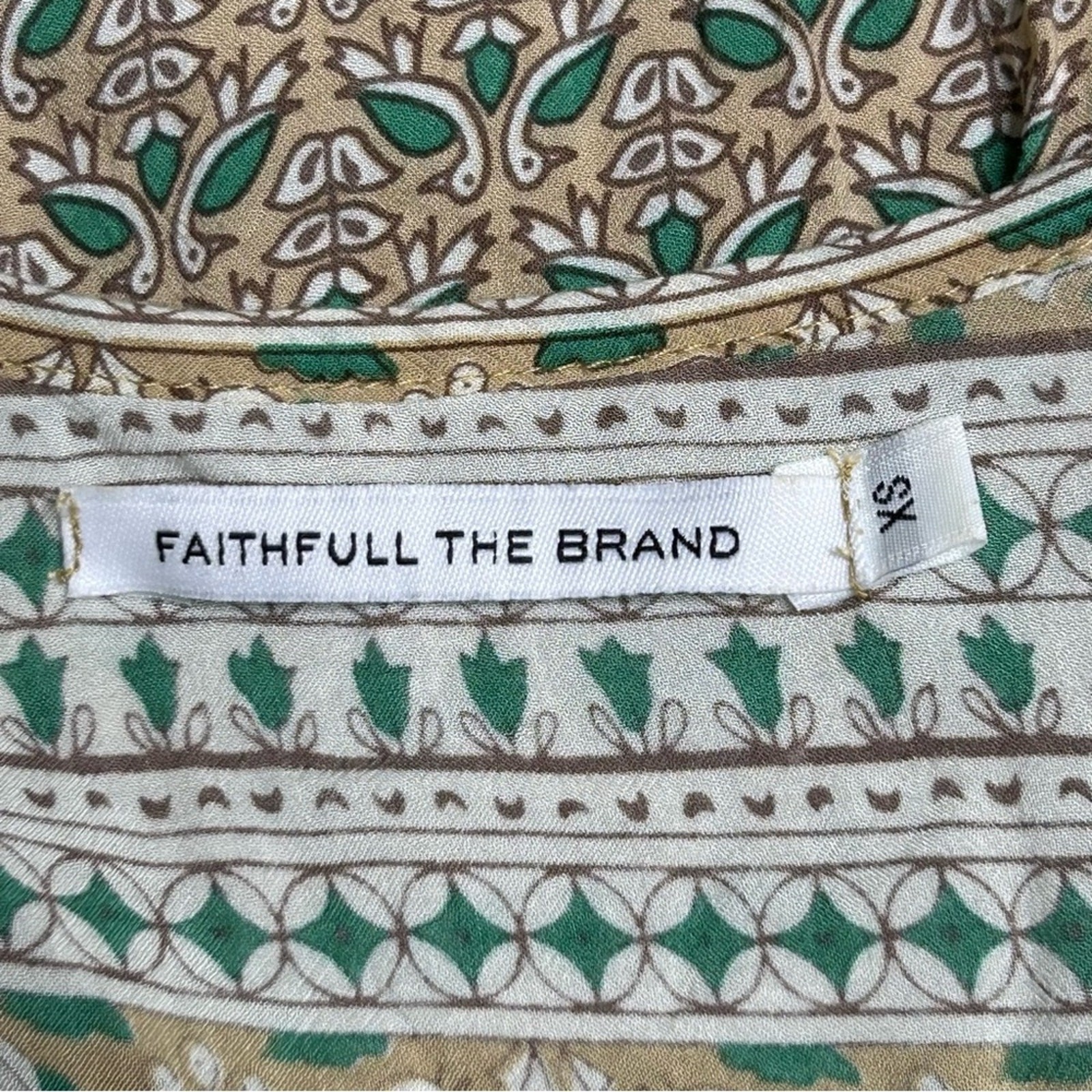 Faithfull The Brand Tunic Dress Bird Print Boho Green Tan XS