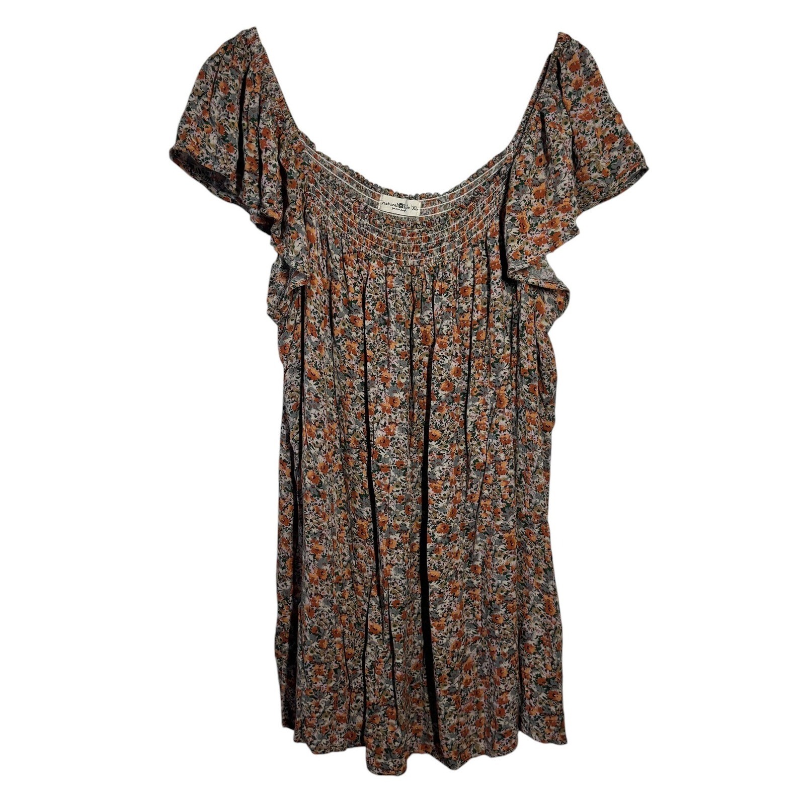 Natural Life Floral Smocked Mini Dress XL Orange Green Flutter Sleeve Rayon Boho