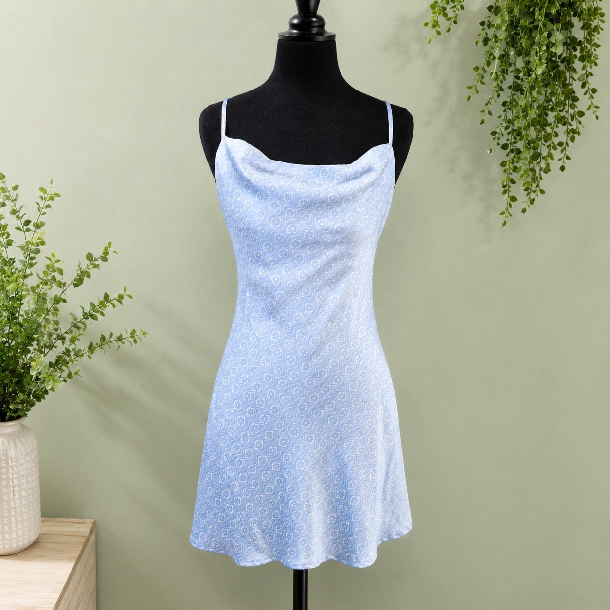 Hollister Silky Blue Slip Dress XS Cowl Neck Adjustable Straps Y2K Mini Satin