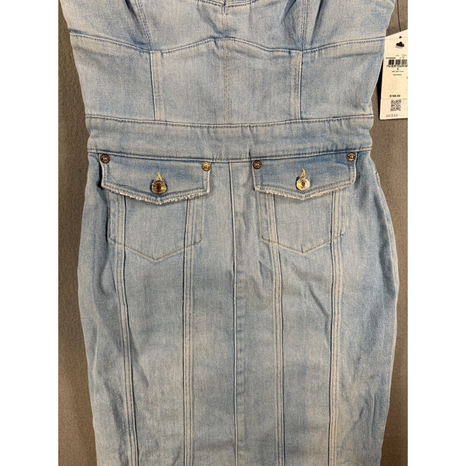 GUESS Lidia Denim Dress Light Star Blue Bodycon Mini Sweetheart Neck W4YK02D5DX2