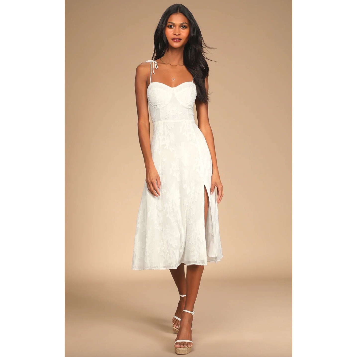 Lulus Loveliest Looks White Floral Jacquard Tie-Strap Midi Dress Medium NWT