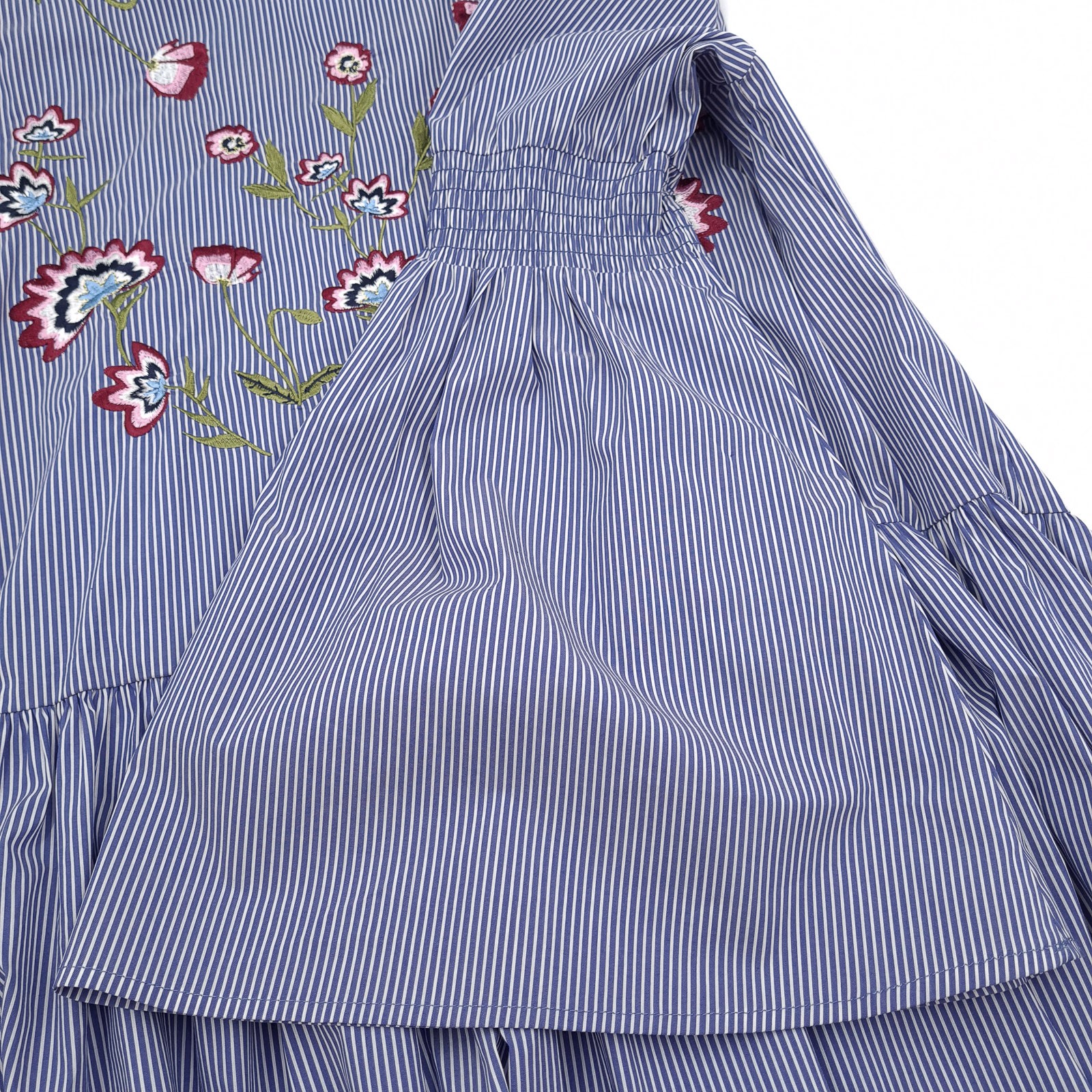 Desigual Fit & Flare Dress Striped Floral Embroidered Bell Sleeve Size 42