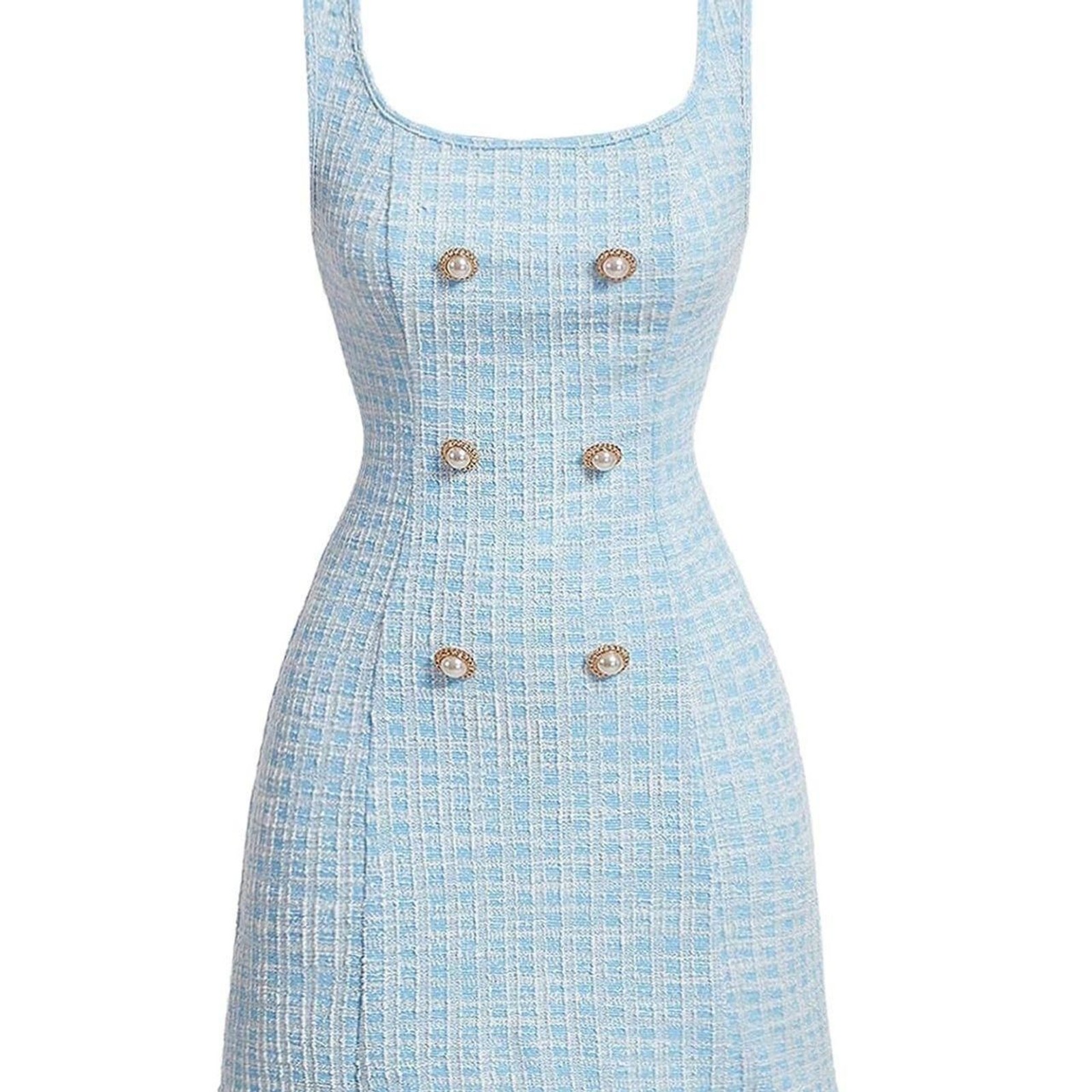 Elegant Blue Plaid Tweed Sleeveless Work Office Business Casual Mini Dress
