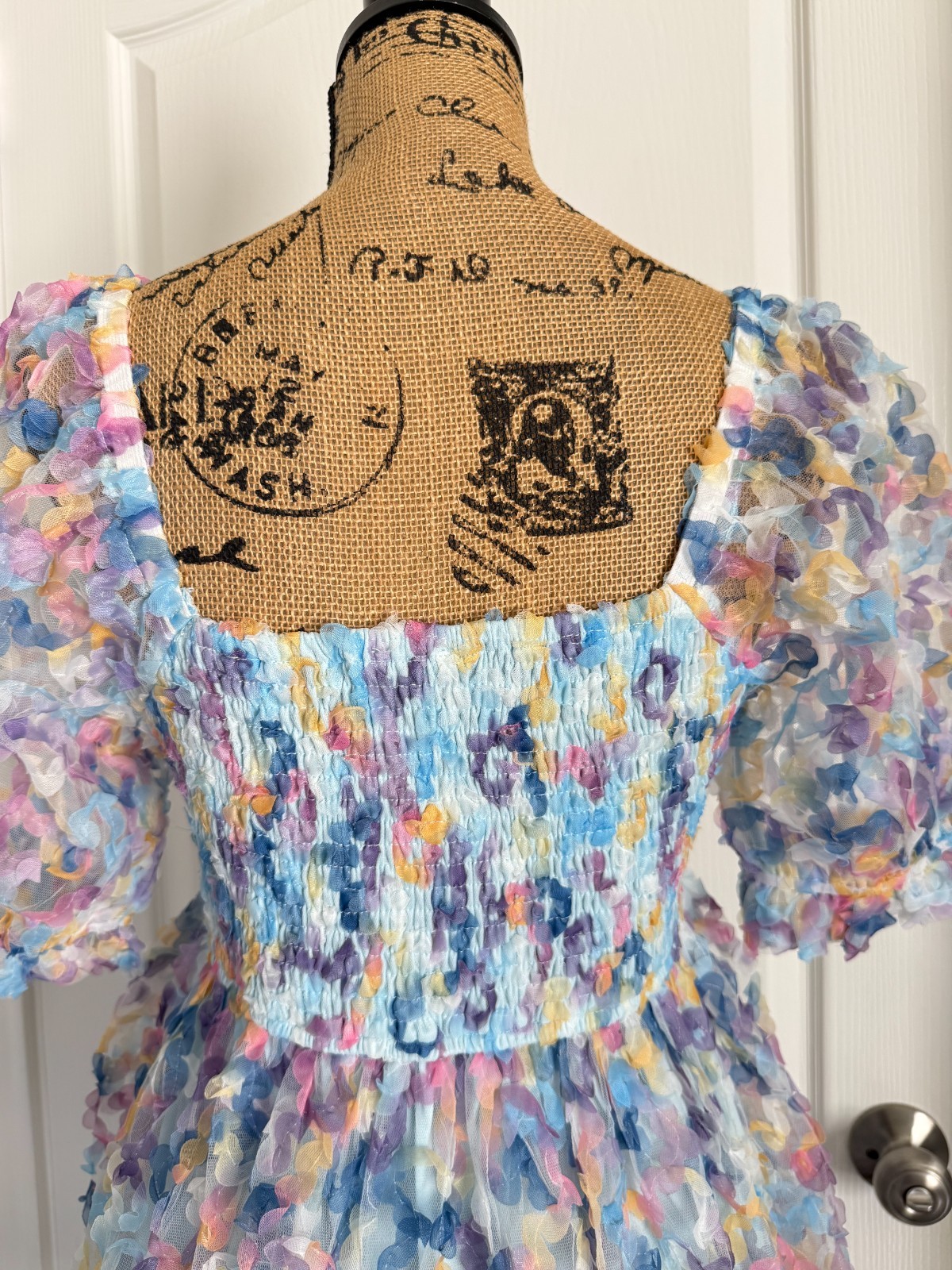 Jodifl Dress Rainbow Floral Babydoll Confetti Tulle Lined Smocked Puff Sleeve S