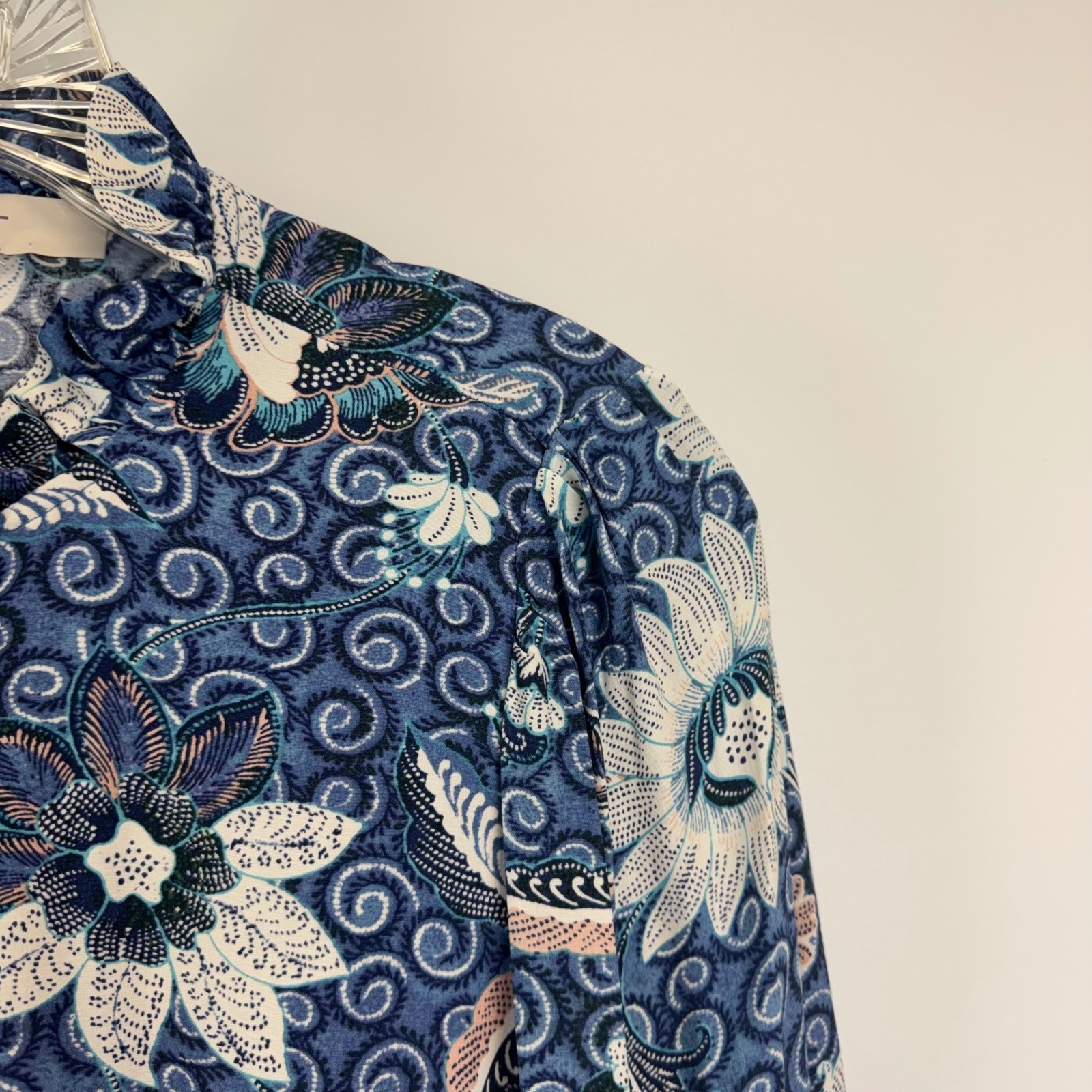 Loft Blue Floral Batik Tiered Midi Shirt Dress Long Sleeve Ruffle Womens S NWT