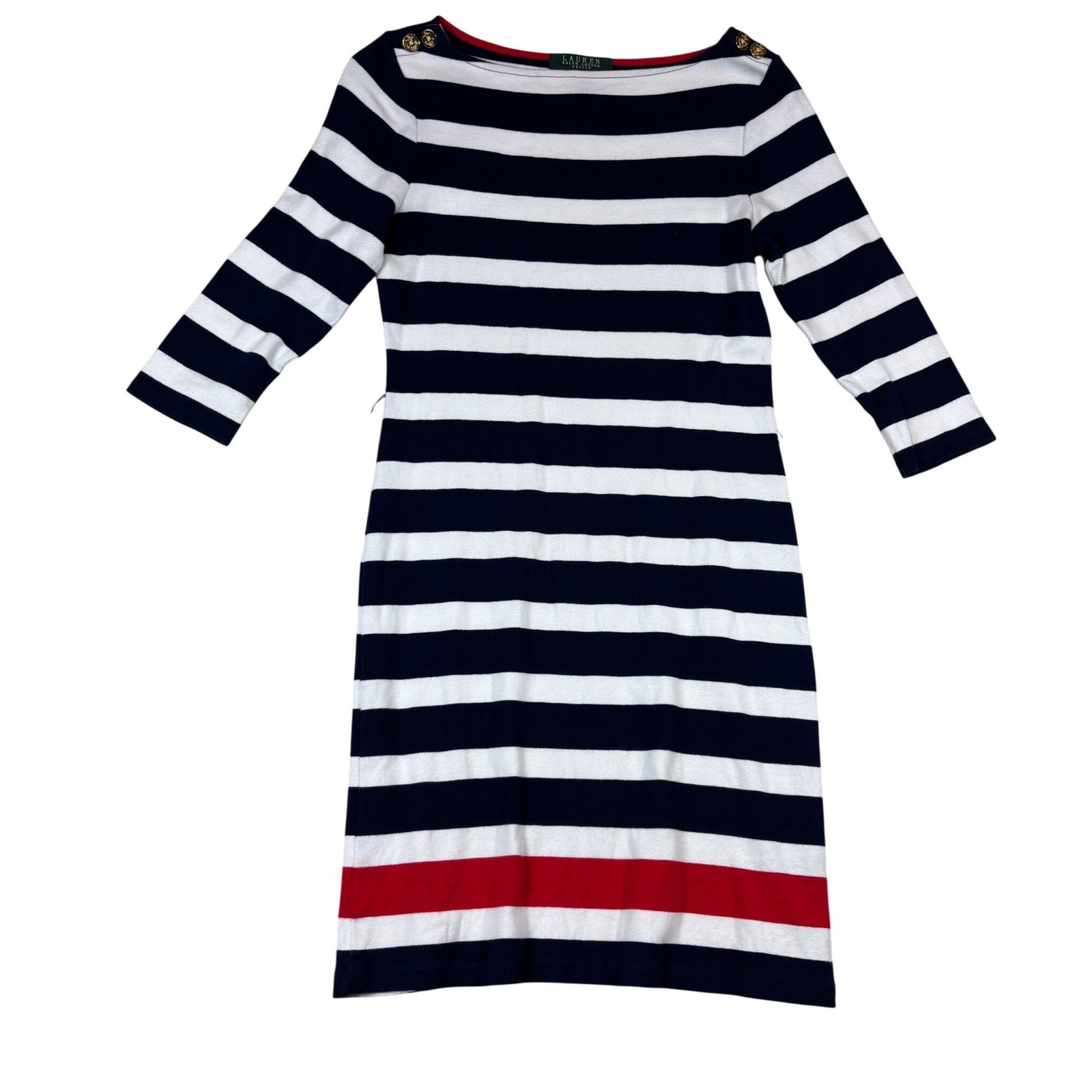 Lauren Ralph Lauren Petite Navy White Striped Anchor Button Dress PS Petite