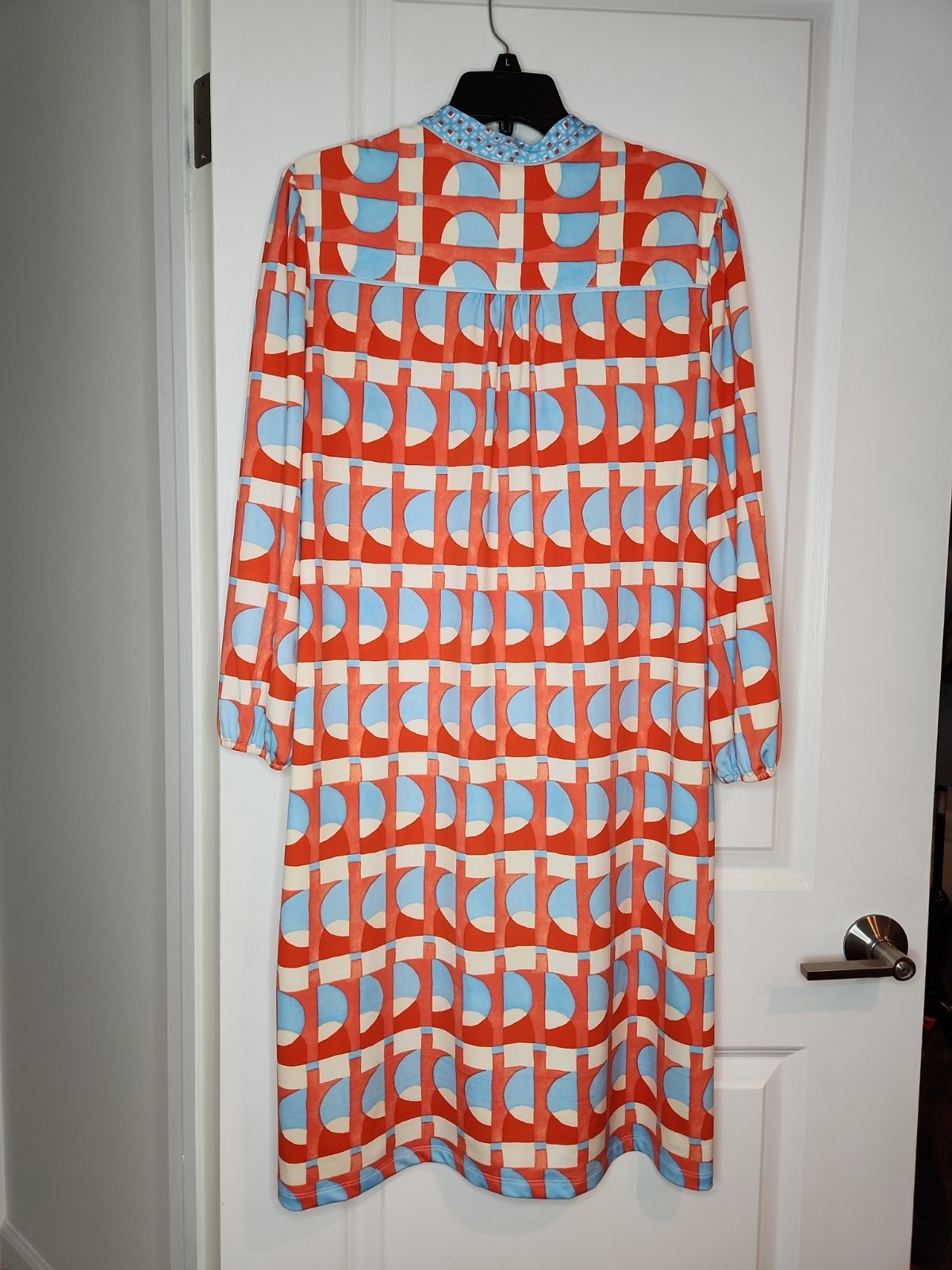 J McLaughlin Emer Shift Dress Womens L Blue Orange Wht Geometric Print $288 RARE