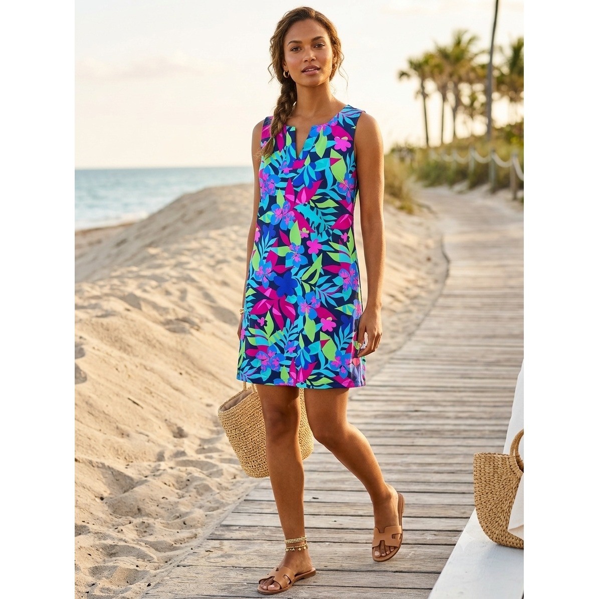 Aryeh Women XL Floral Tropical Split Neck Sleeveless Shift Dress Pink Blue Green