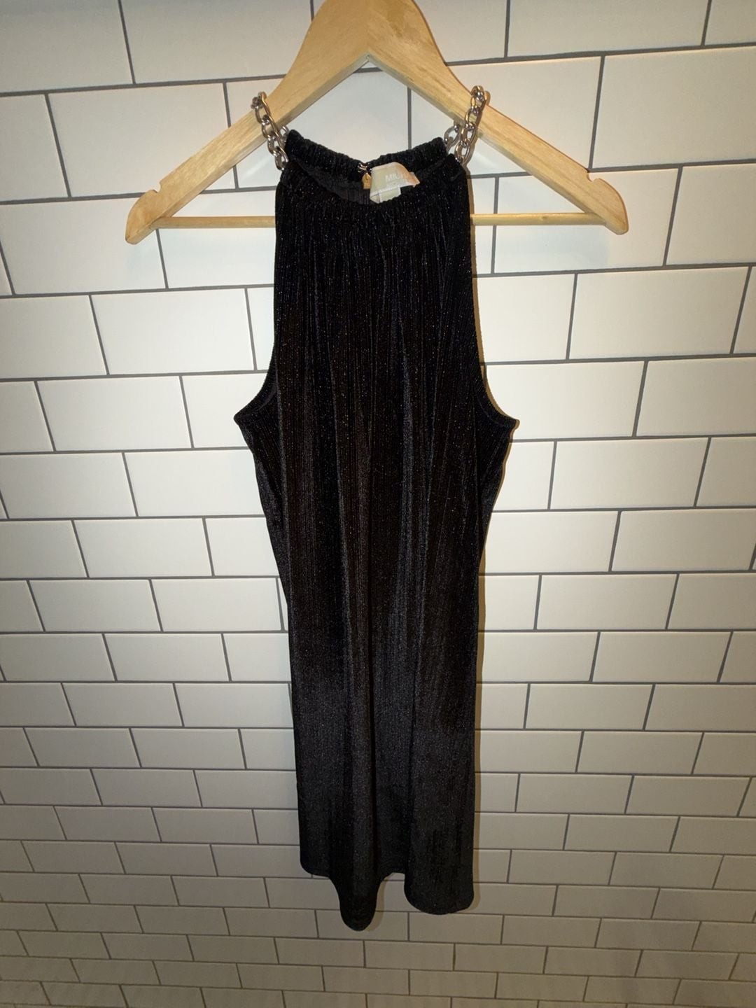 MICHAEL Michael Kors Black Pleated Shimmer Halter Dress with Chain Detail