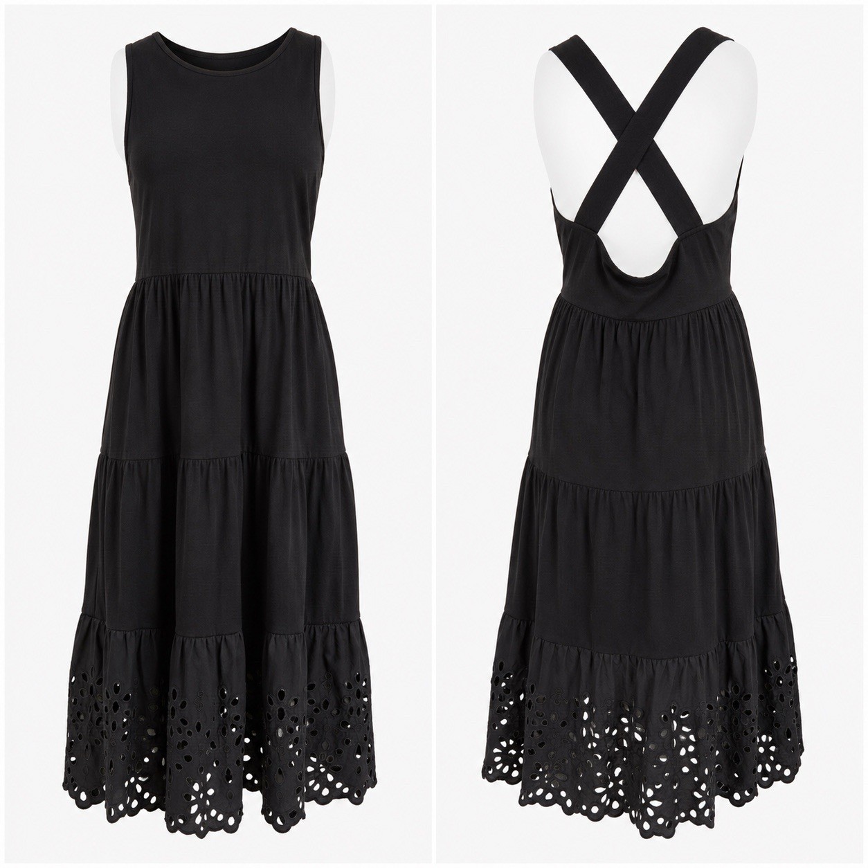 J. Crew Black Midi Dress Sz M Tiered Eyelet Hem Criss Cross Open Back Resort