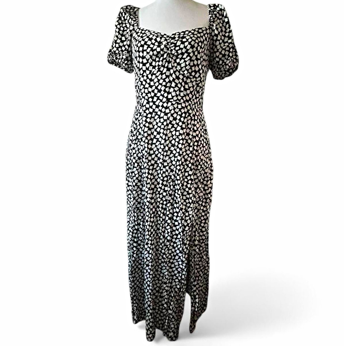 & Other Stories Black/White Geometric Maxi Dress Square Neck Puff Sleeve Size 6