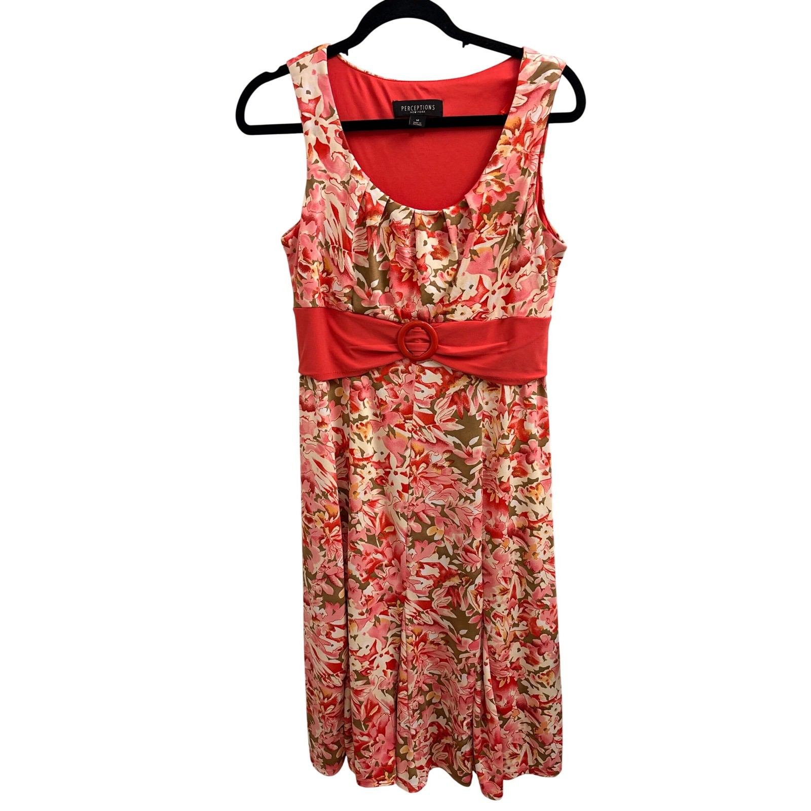 Perceptions New York Vintage Y2K Floral Midi Dress Coral Pink Buckle Detail Sz M