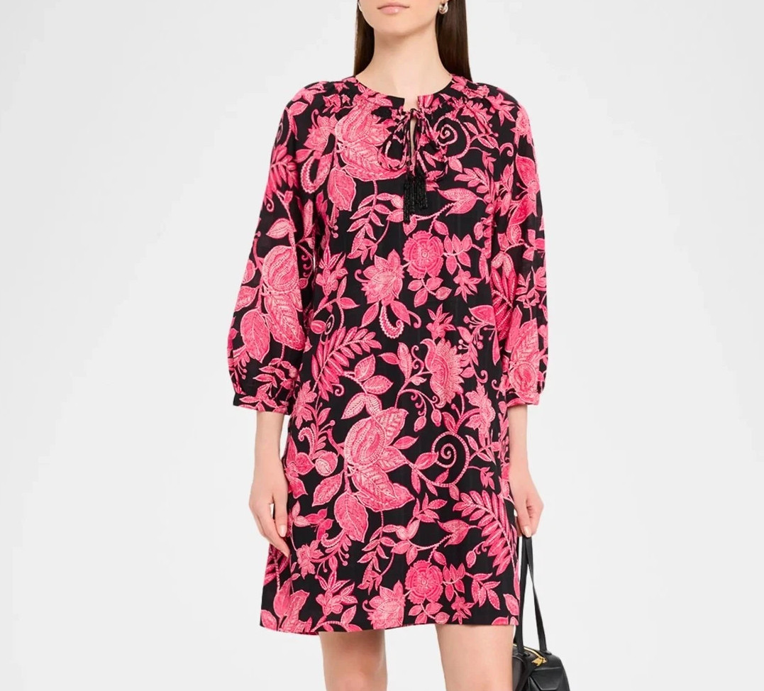 $248 JOHNNY WAS SZ L ALYCIA BEADED TASSEL DRESS LEAF PRINT w/ SLIP B:43″ L:39″