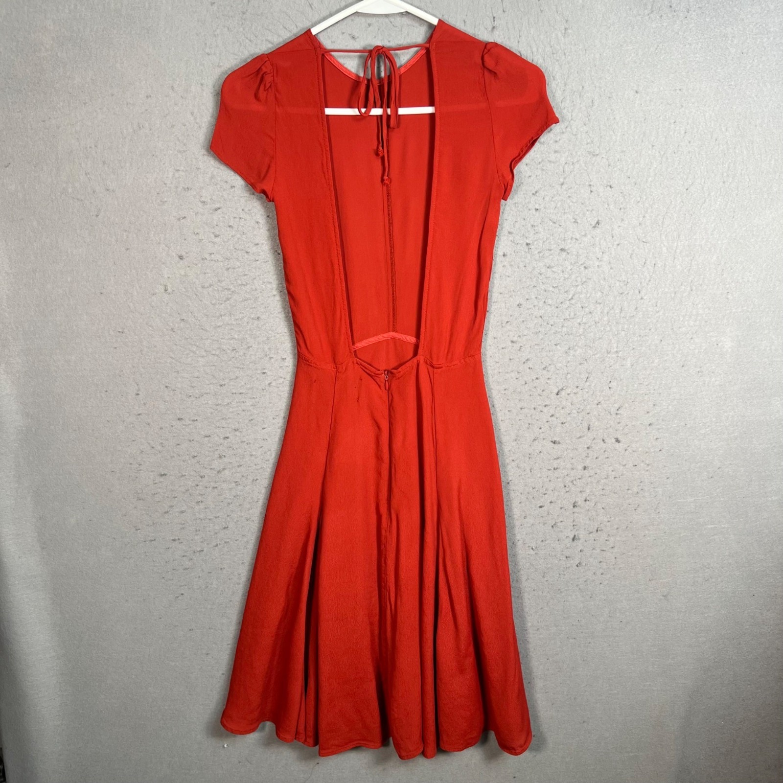 Reformation Womens XS Red Midi Open Back Dress With Tie Detail & Cap Sleeves