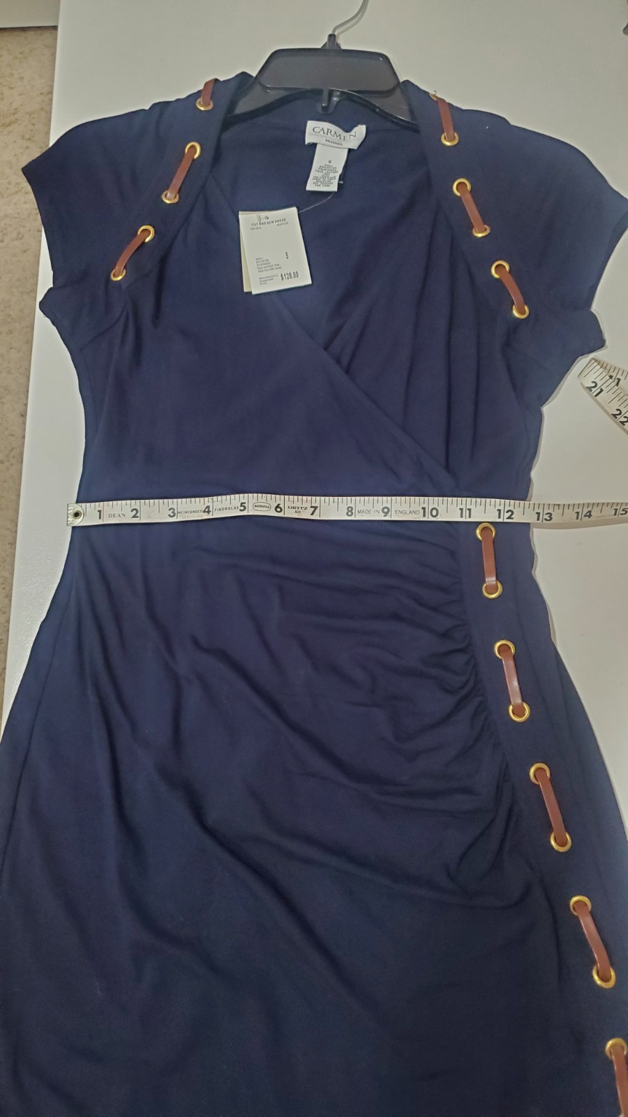 CARMEN NEW NAVY SHORT SLV. DRESS W/ LEATHER DETAIL SZ. S