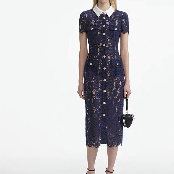 Self-Portrait Dark blue Lace Splicing Color contrast Flip collar Dresses