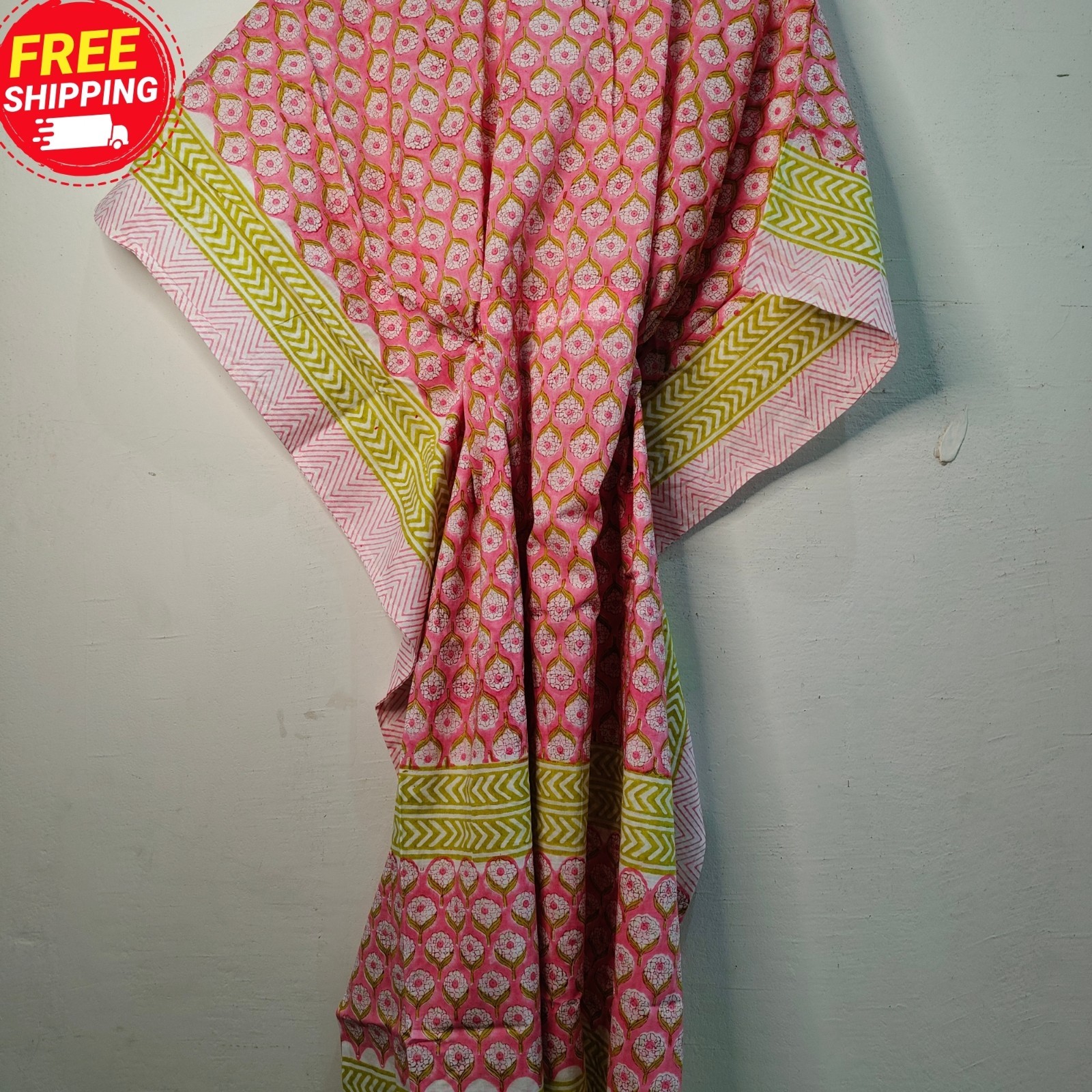 Women Pink Hand Block Print Cotton Kaftan Boho Beach Cover Up Loose Maxi Dress