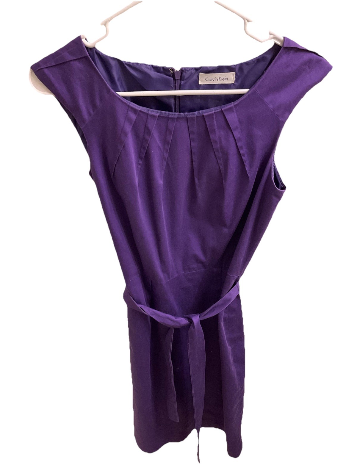 Calvin Klein sleeveless pencil dress purple pleated belt knee length size P