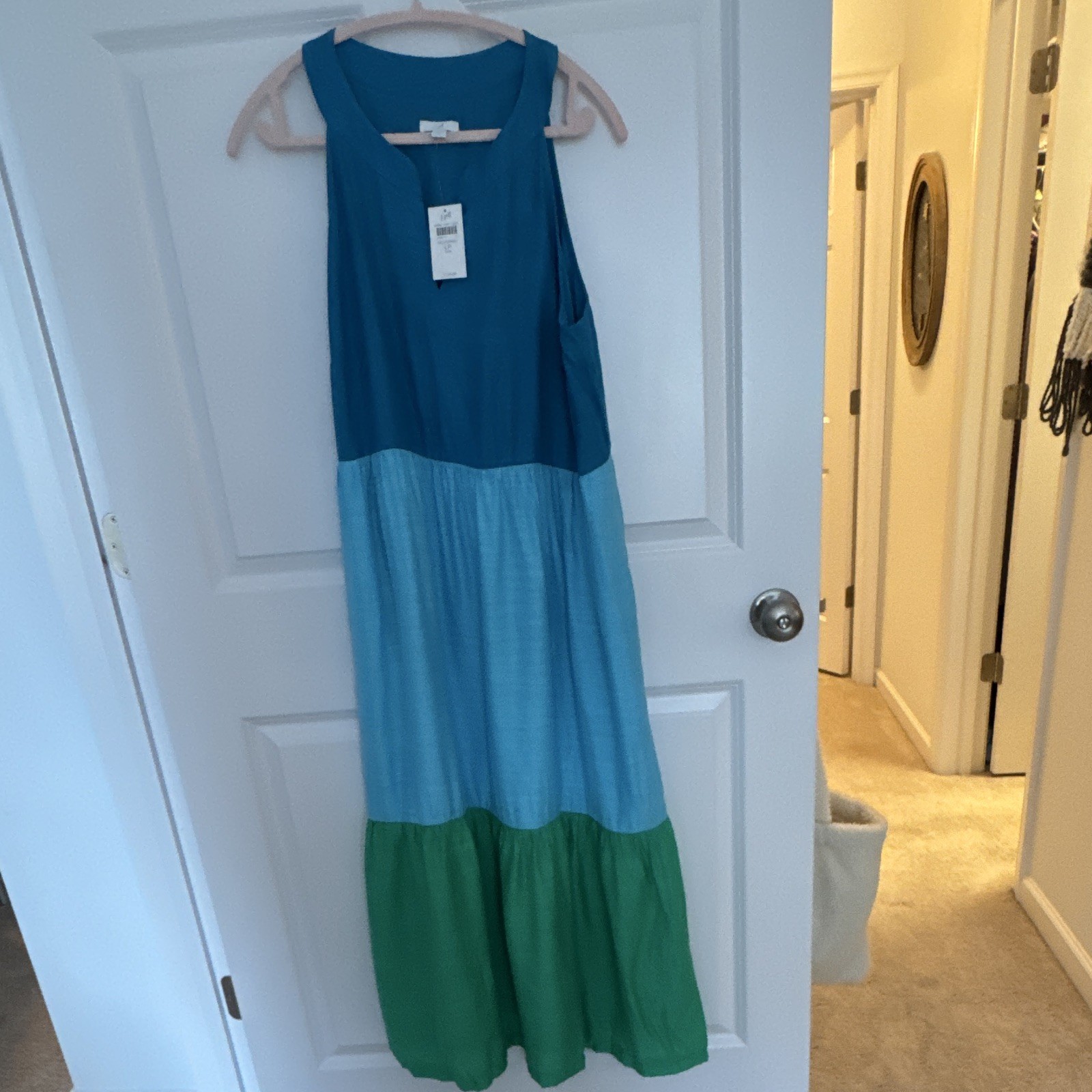 J. Jill Women’s Petite LP Colorblock Sleeveless Maxi Dress Blue Green