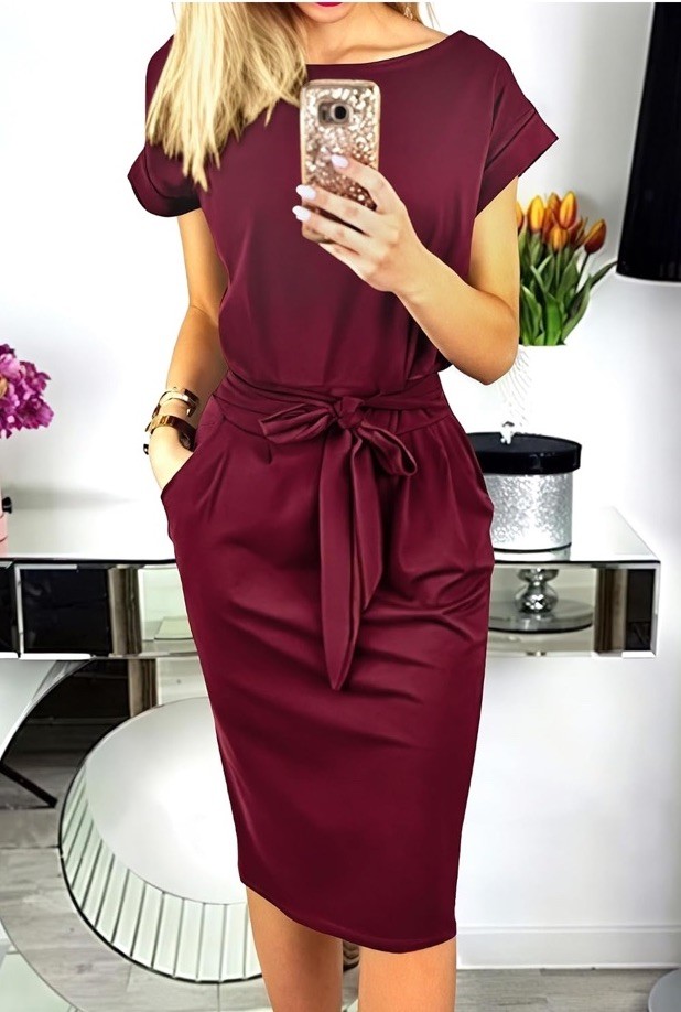 LILYN Women’s Burgundy Solid Sheath Midi Dress Boat Neck Belted Pockets XL