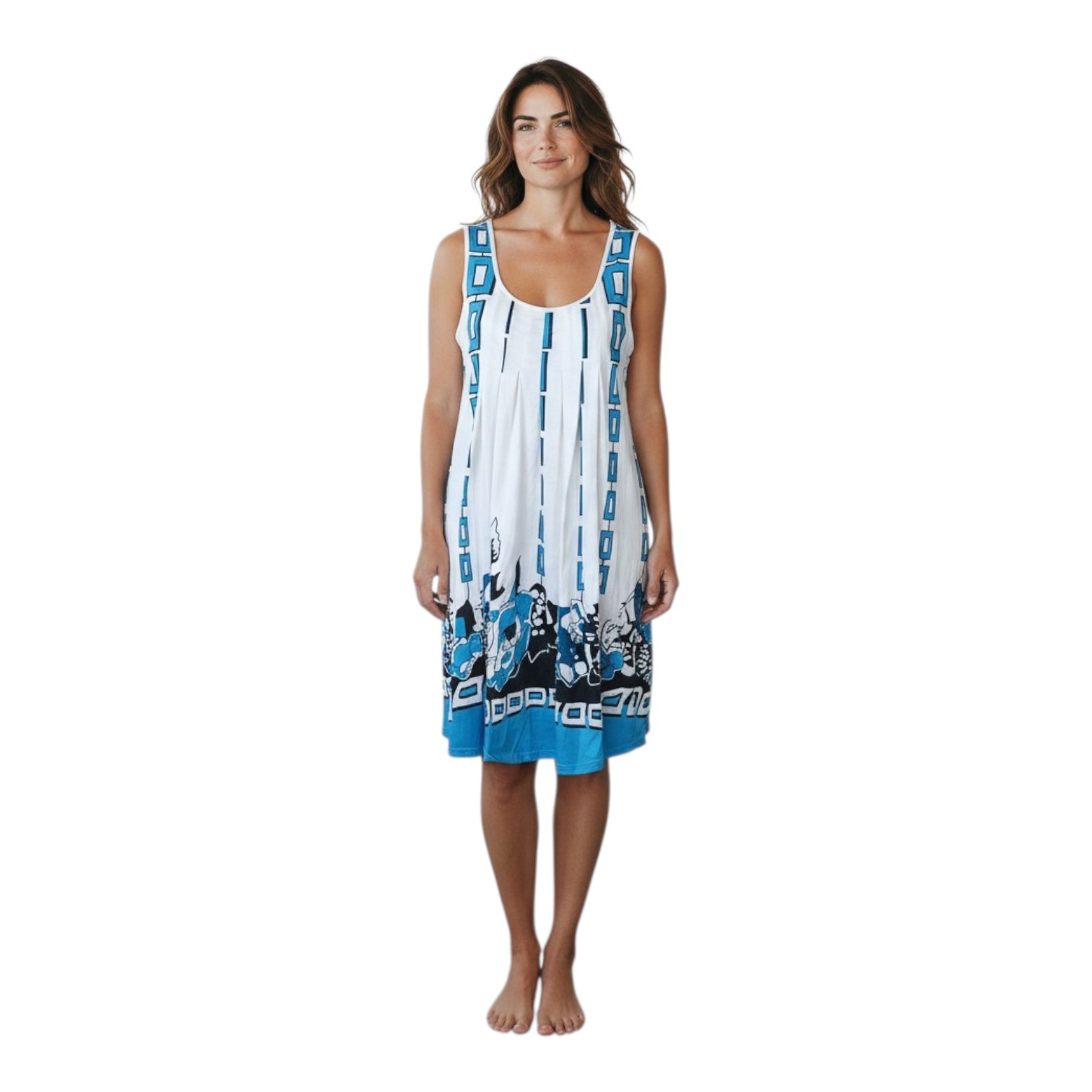 Sheilay Women’s L Geometric Floral Print Pleats Cotton Blend Beachy Tank Dress