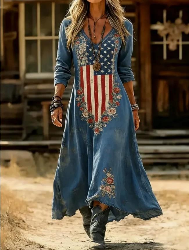Women’s V Neck USA Flag Floral Printed Long Sleeves Maxi Long Dress Casual Sexy