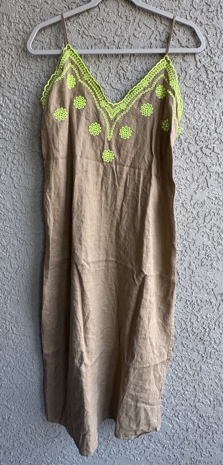 Zara Womens Linen Maxi Sundress Tan Sand Neon Green Eyelets Embroidery Size M