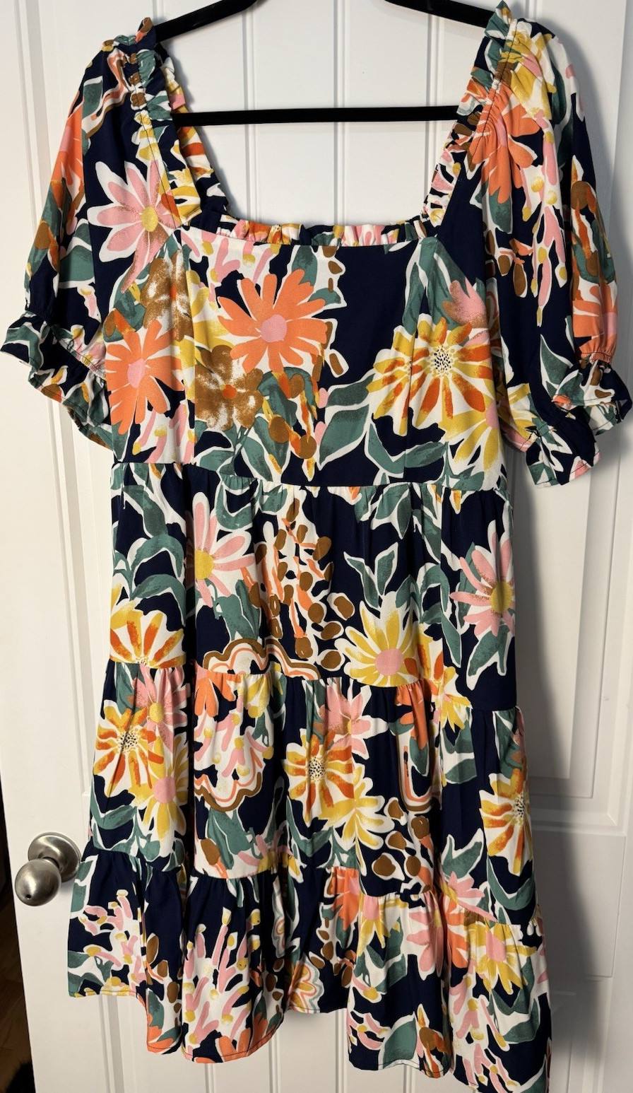 Jodifl Navy Multicolor Floral Puff Sleeve Square Neck Short Dress L Women