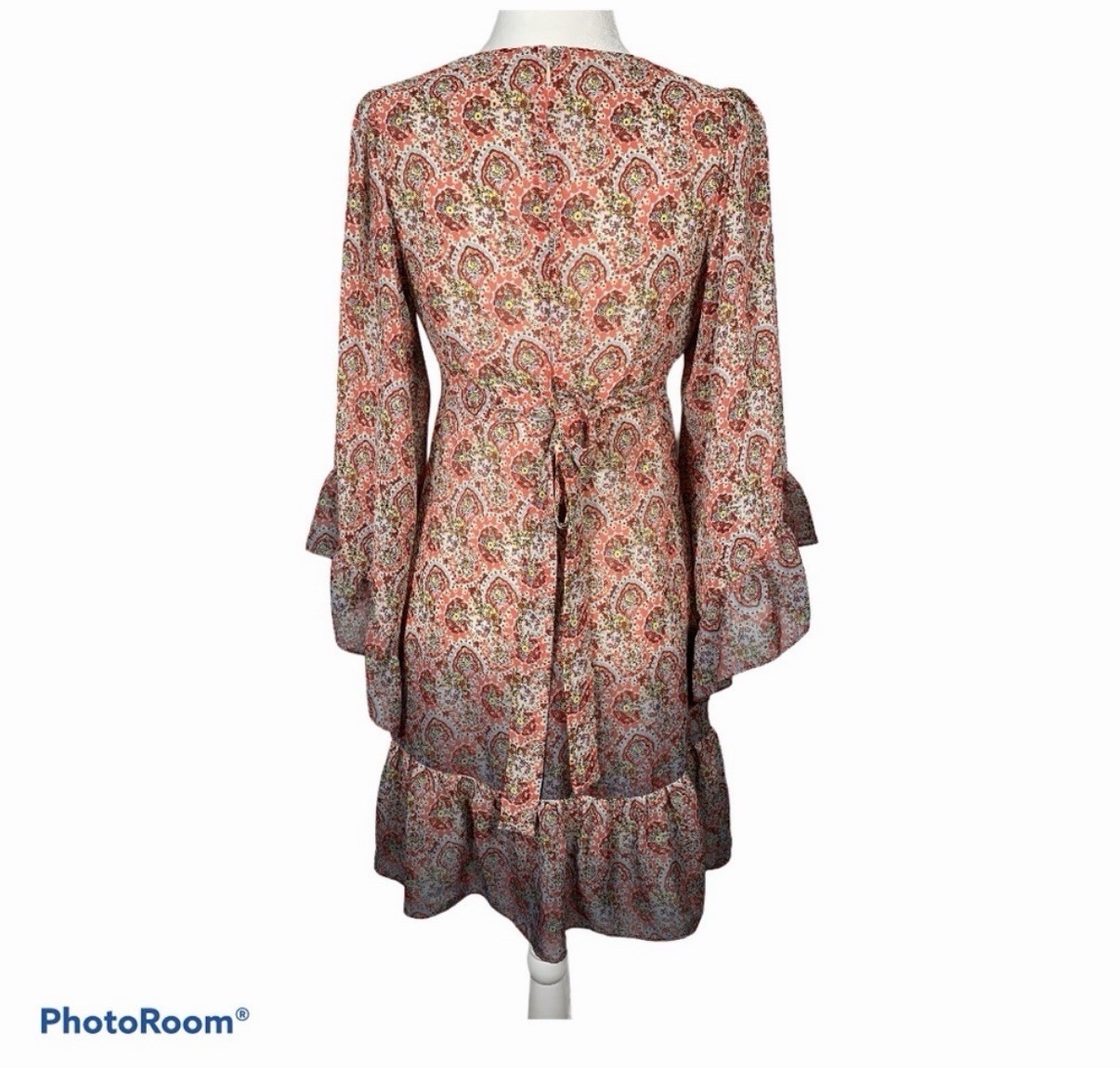 Betsey Johnson Pink Paisley V-Neck Bell Sleeve Empire Waist Mini Dress S